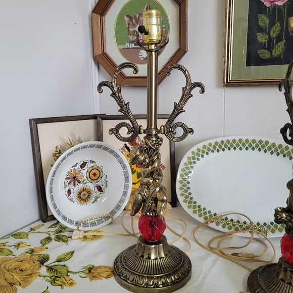 Vintage Brass Cherub Hollywood Regency Table Lamps, set of 2