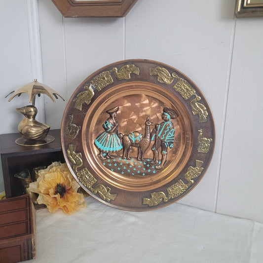 Vintage Copper Peru Souvenir Plate Llamas Brass