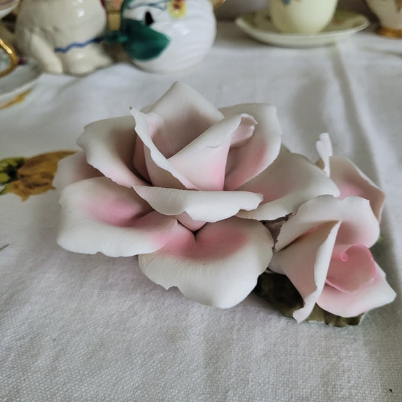 Vintage NAPOLEON CAPODIMONTE Italian Porcelain Pink Rose Set of 2