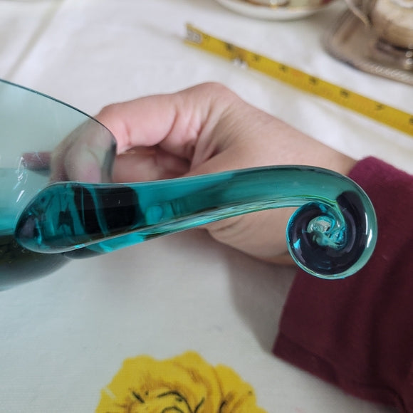 Art Glass Bowl Handled Teal