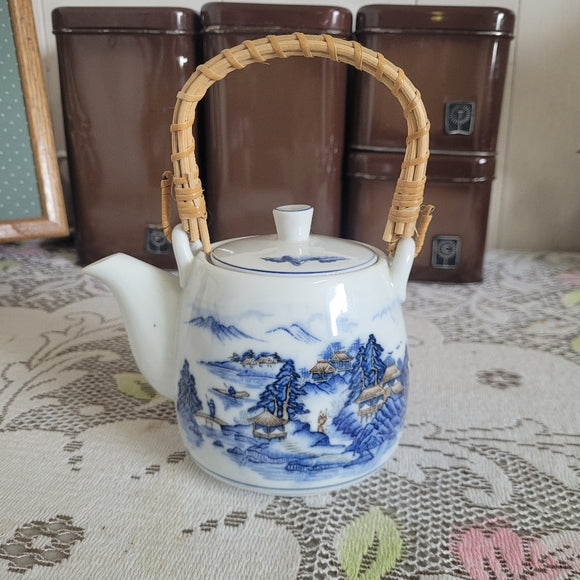 Japanese Porcelain Teapot Chinoiserie Blue Rattan Vintage