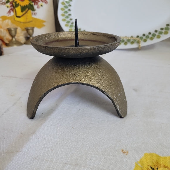 Vintage MCM Japan Gold Tripod Pillar Candle Holder Retro Atomic Cast Iron