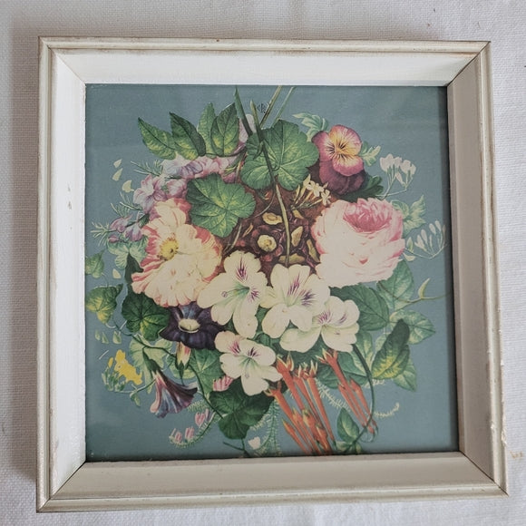 Vintage Floral Prints Square white frame under glass set of 3