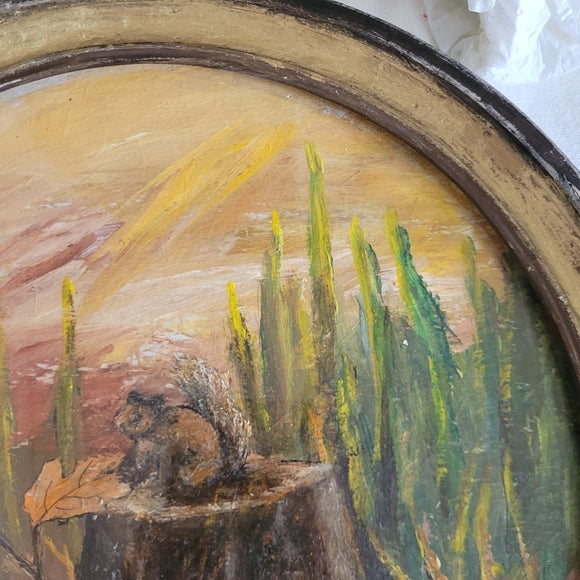 Vintage Orginal Squirrel Painting Round Frame under Glass ready to hang