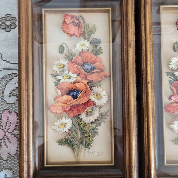 Vintage 3D Flower Art set of 2 Poppy Daisy Under Glass Hang