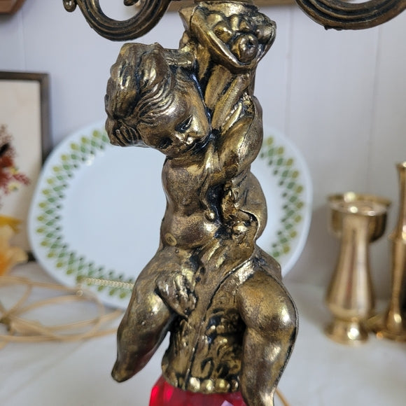 Vintage Brass Cherub Hollywood Regency Table Lamps, set of 2