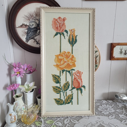 Vintage Cross Stich Florals Embroidery Framed Roses Cream Large