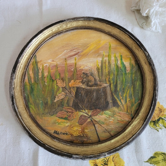 Vintage Orginal Squirrel Painting Round Frame under Glass ready to hang