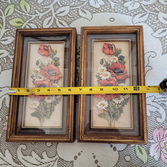 Vintage 3D Flower Art set of 2 Poppy Daisy Under Glass Hang