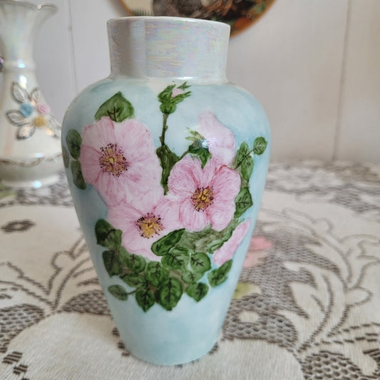 Vintage Czechoslovakia Pottery Floral Vase Luster AS IS