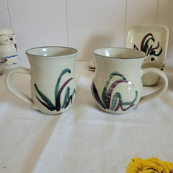 Vintage Studio Art Pottery Mugs Artist Signed Krug set of 2