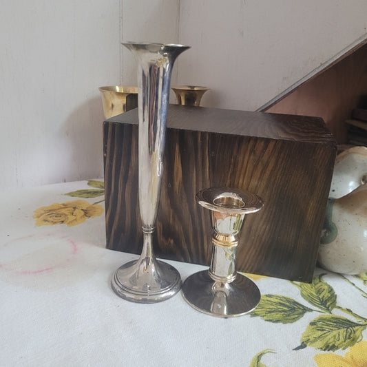 Vintage Metal Bud Vase and Candleholders Marriage Sliver Set of 2