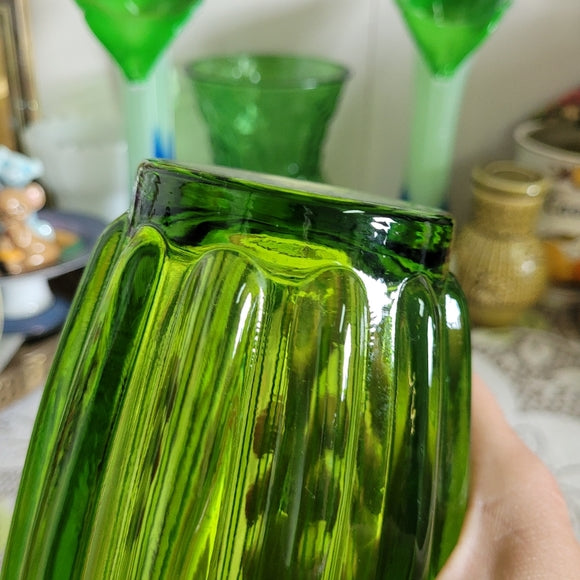 Viking Green Glass Green Vase Lotus Thick Ribbed Tall Version