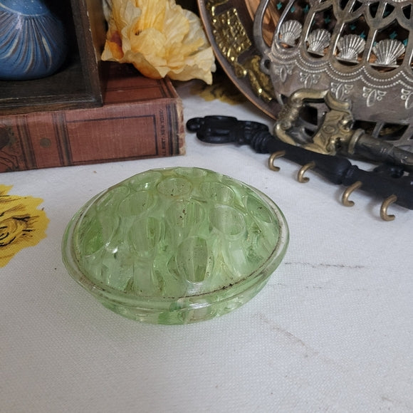 Vintage Yellow Vaseline Uranium Glass Floral Frog AS IS