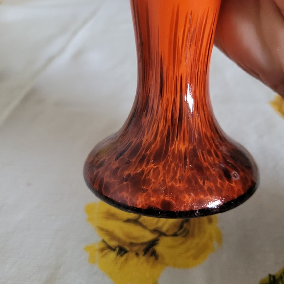 Vintage Art Glass Vase Orange and Black Scalloped Edge Hand Blown