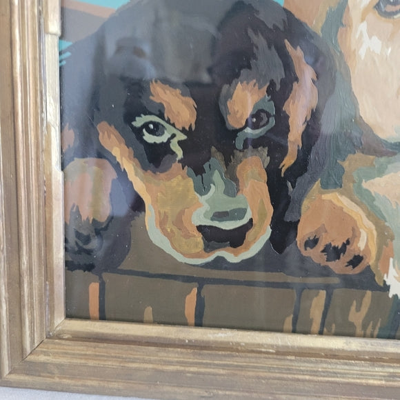 Vintage Paint By Numbers Puppies Framed Under Glass ready to hang