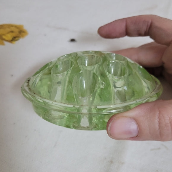 Vintage Yellow Vaseline Uranium Glass Floral Frog AS IS