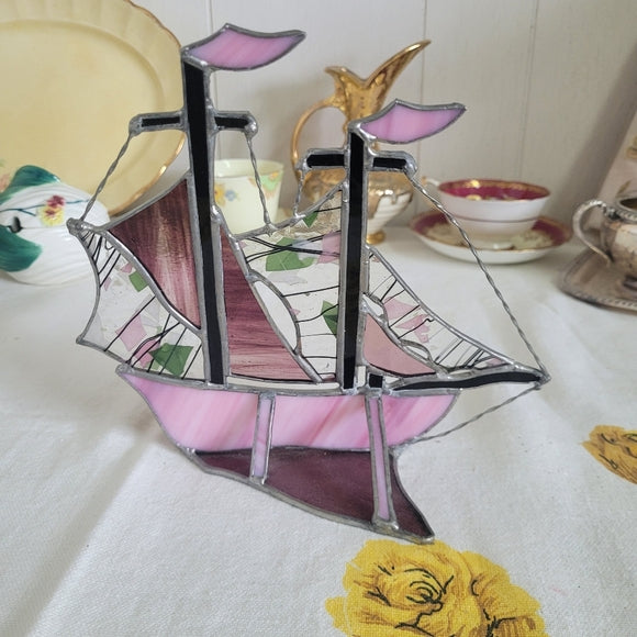 Stained Glass Sail Boat Ship Handcrafted Pink AS IS