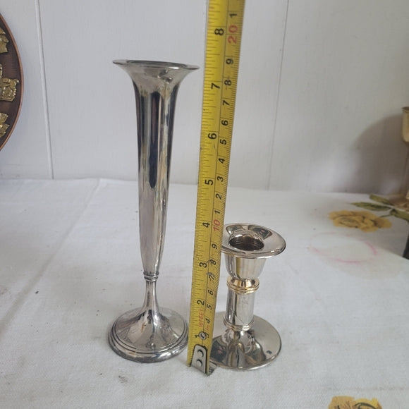 Vintage Metal Bud Vase and Candleholders Marriage Sliver Set of 2