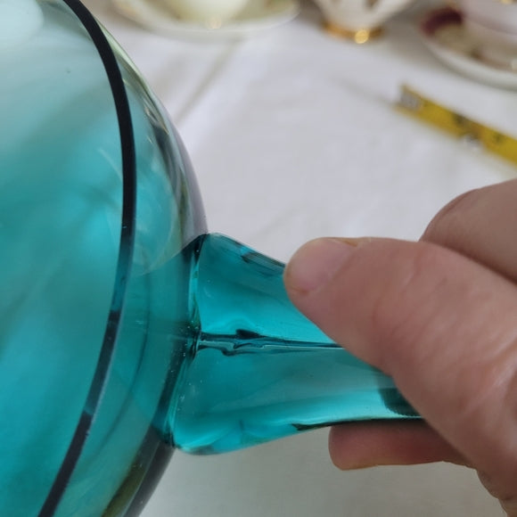 Art Glass Bowl Handled Teal