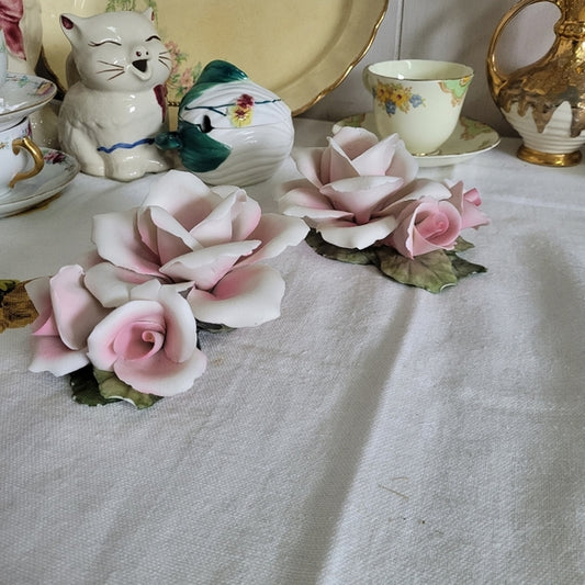 Vintage NAPOLEON CAPODIMONTE Italian Porcelain Pink Rose Set of 2