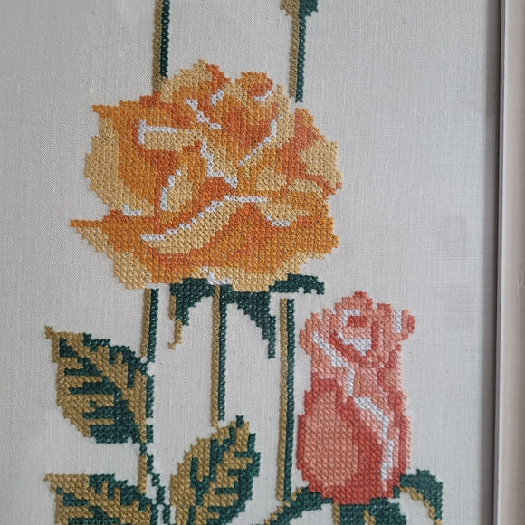 Vintage Cross Stich Florals Embroidery Framed Roses Cream Large