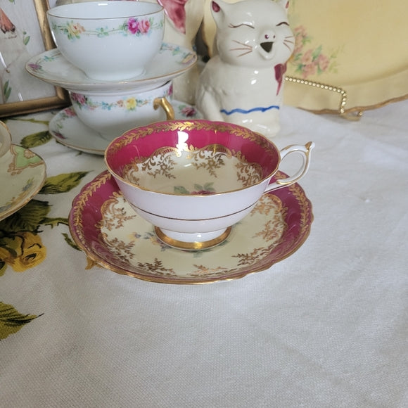 PARAGON Bone China Cup Saucer Pink Cabbage Rose Maroon