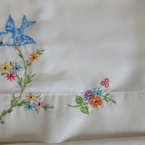 Vintage Embroidered His & Hers Pillow Cases Blue bird 🐦 floral