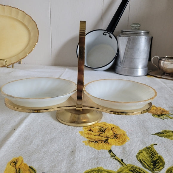 Anchor Hocking Suburbia Bowl Dish Swirl Gold Rim Milk Glass With Metal Holder