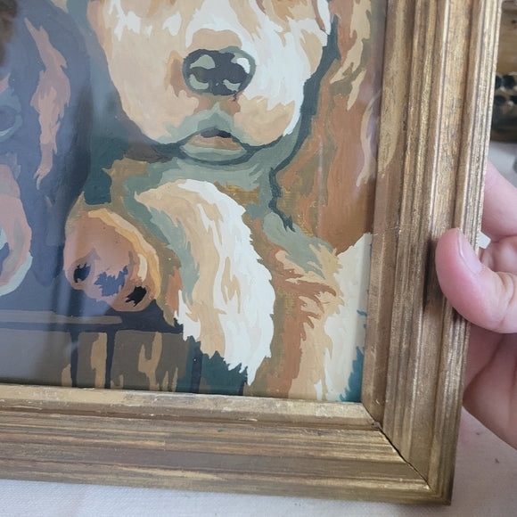 Vintage Paint By Numbers Puppies Framed Under Glass ready to hang