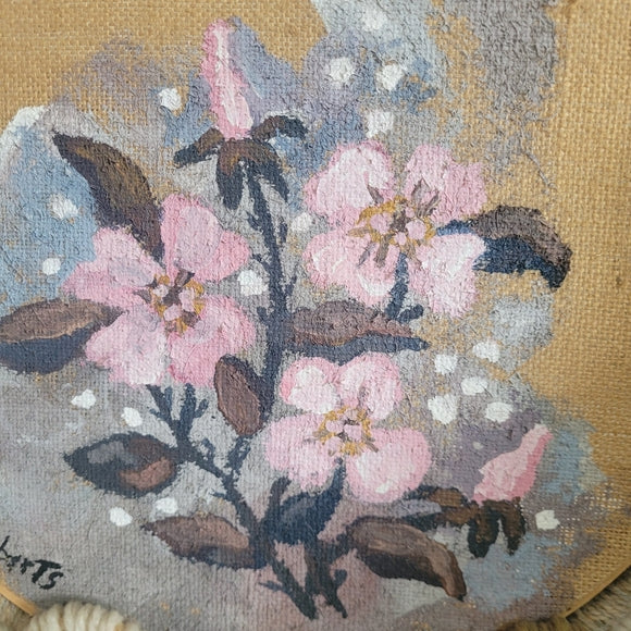 Orginal Acrylic Painting on Burlap Macrame Boarder Round Artist Signed