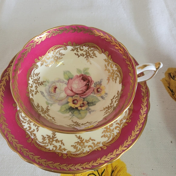 PARAGON Bone China Cup Saucer Pink Cabbage Rose Maroon