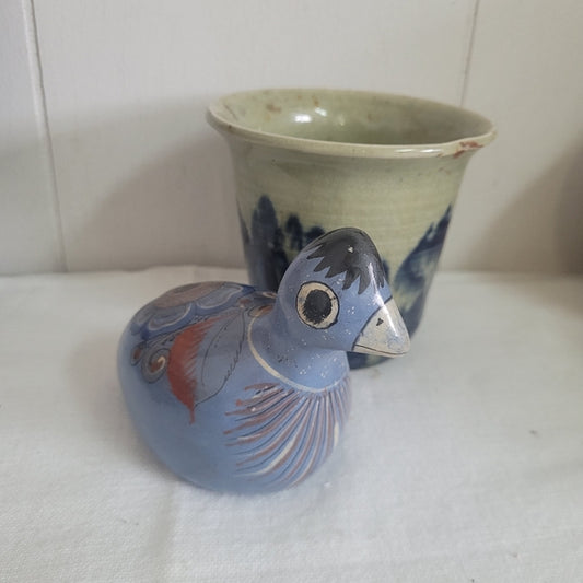 Vintage Tonala Pottery Bird Blue Quail Mexico