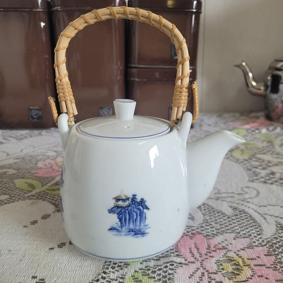 Japanese Porcelain Teapot Chinoiserie Blue Rattan Vintage