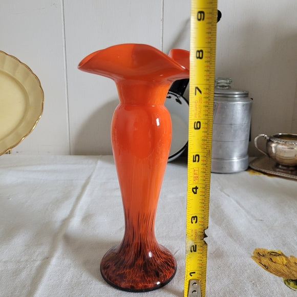 Vintage Art Glass Vase Orange and Black Scalloped Edge Hand Blown