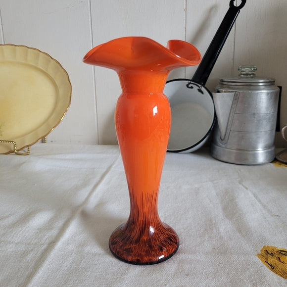 Vintage Art Glass Vase Orange and Black Scalloped Edge Hand Blown