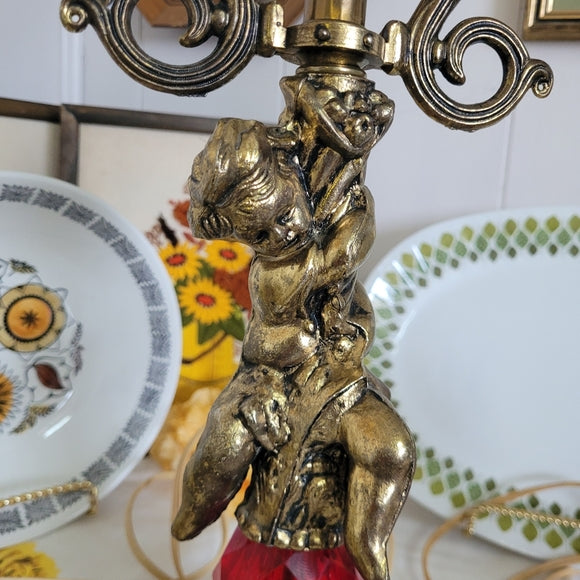 Vintage Brass Cherub Hollywood Regency Table Lamps, set of 2