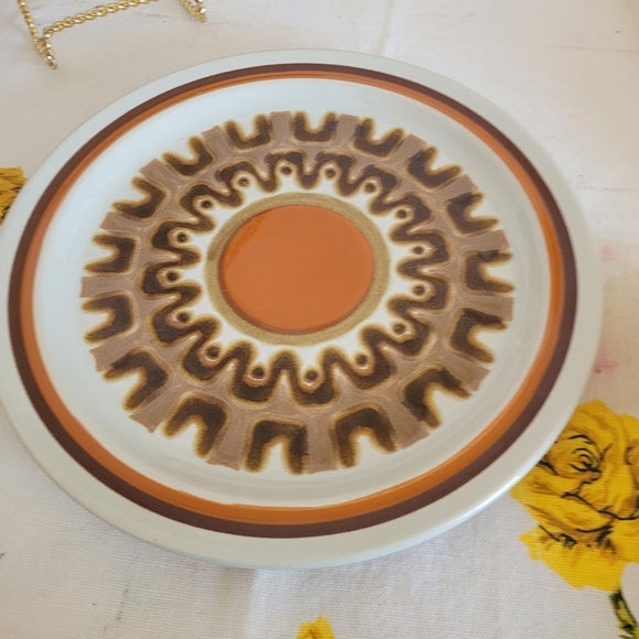 Vintage Large Dinner/Cake Plate Stoneware Haniwa Aztec Retro Japan