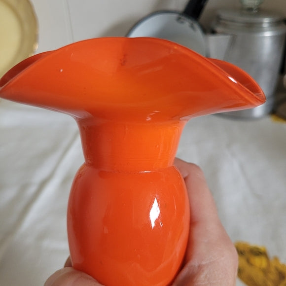 Vintage Art Glass Vase Orange and Black Scalloped Edge Hand Blown