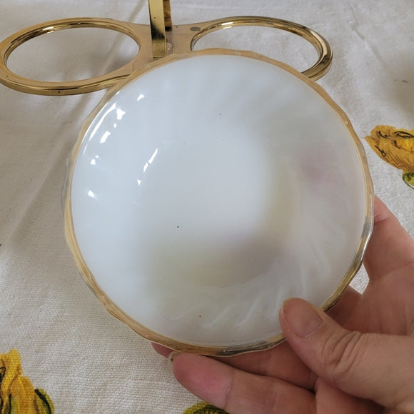 Anchor Hocking Suburbia Bowl Dish Swirl Gold Rim Milk Glass With Metal Holder