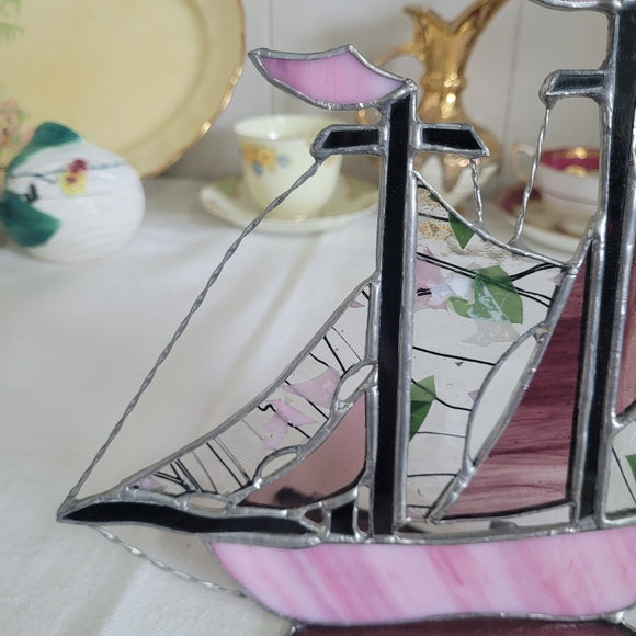 Stained Glass Sail Boat Ship Handcrafted Pink AS IS