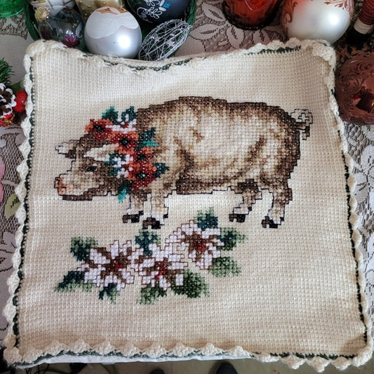 Vintage Knit Pig Pillow Cover Christmas Zipper Closure