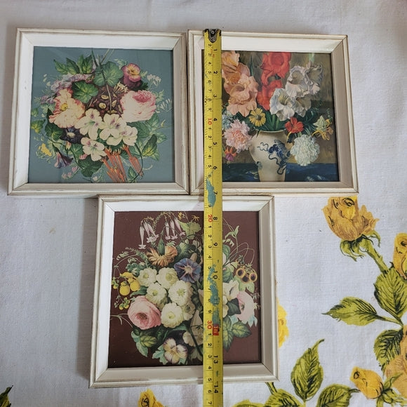 Vintage Floral Prints Square white frame under glass set of 3