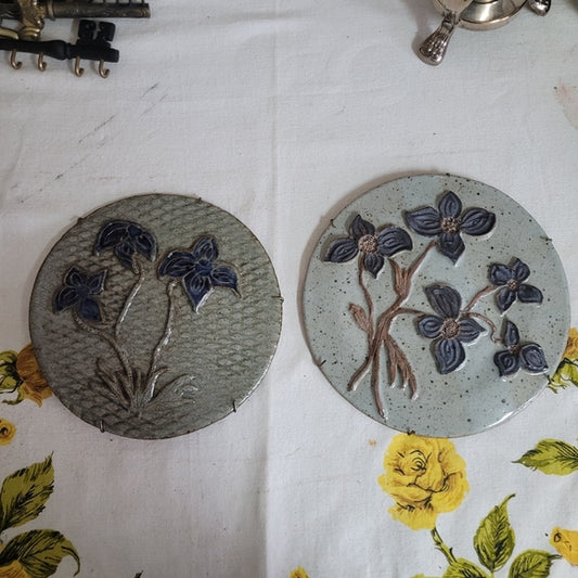 Studio Pottery Plates/Stepping Stones Artist Signed w/ Hangers set of 2 Floral