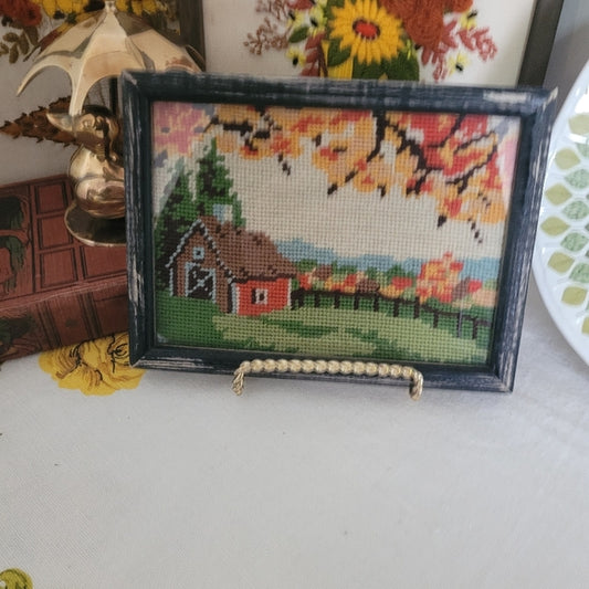 Vintage Fall/Autumn PetiPoint Barn framed under Glass