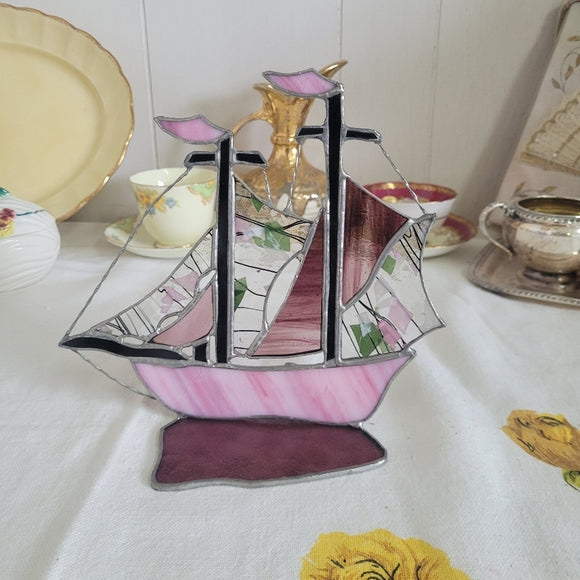 Stained Glass Sail Boat Ship Handcrafted Pink AS IS