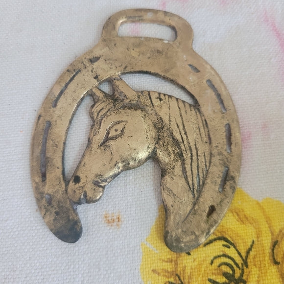 Vintage Brass Horse Head in a Horseshoe Medallion