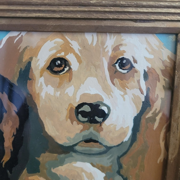 Vintage Paint By Numbers Puppies Framed Under Glass ready to hang