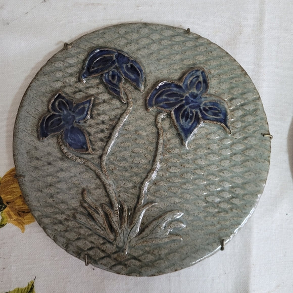 Studio Pottery Plates/Stepping Stones Artist Signed w/ Hangers set of 2 Floral