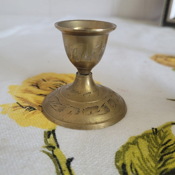 Vintage Brass Candleholders Etched set of 2